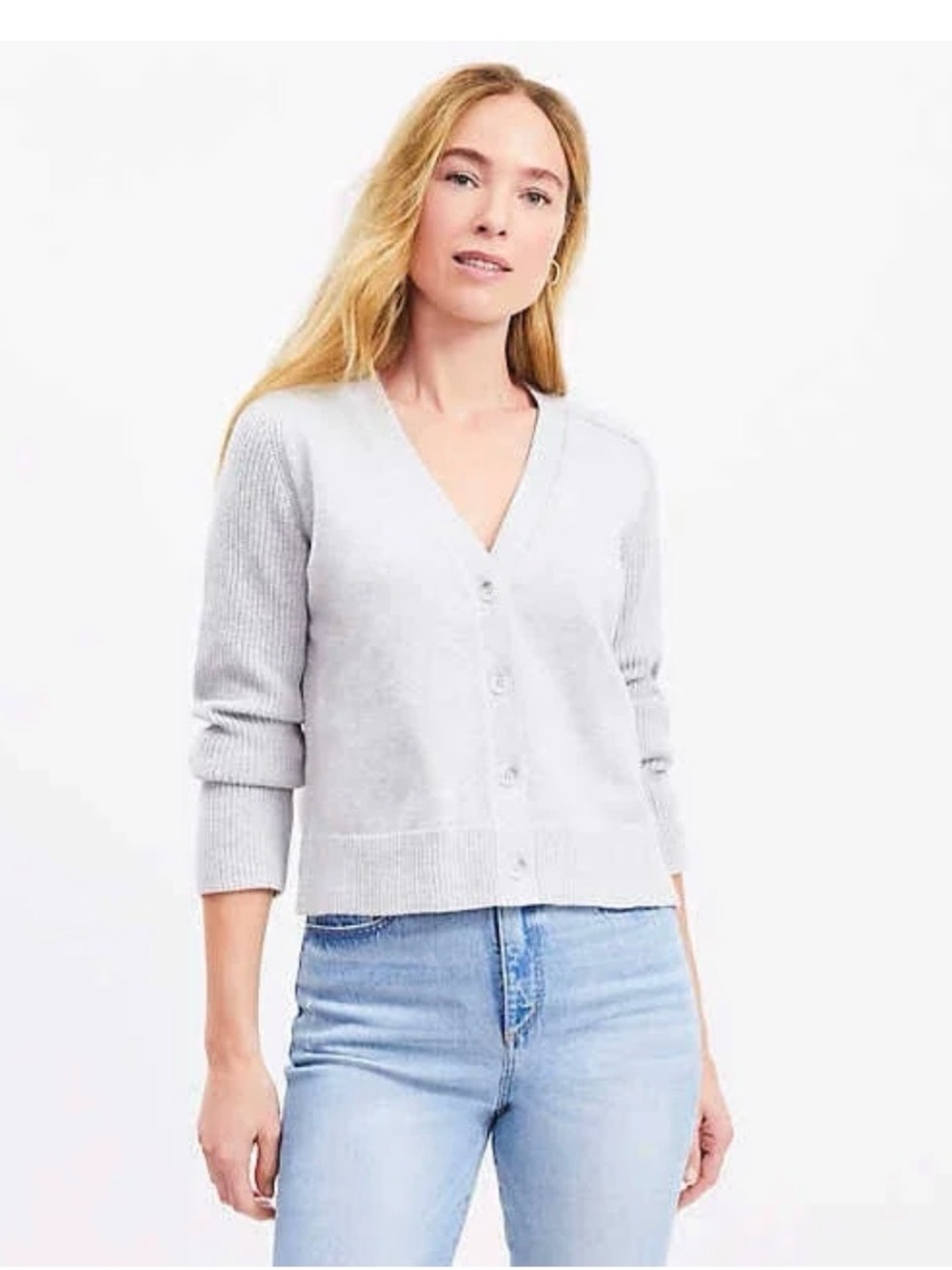 LOFT Ribbed Saddle Sleeve Cardigan Heather Gray